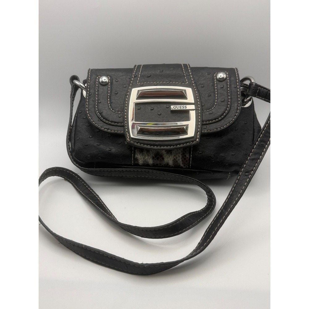 Vtg Guess Black Ostrich Snakeskin Crossbody Purse Bag Silver G Logo Buckle Y2K